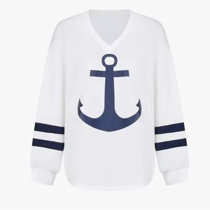 Anchor Print Color Block Sweatshirt, Casual V Neck Long Sleeve Sweatshirt